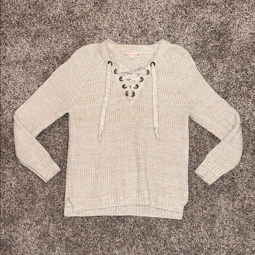 Women’s It’s Our Time Light Tan V-Neck Lace Up Detail Sweater